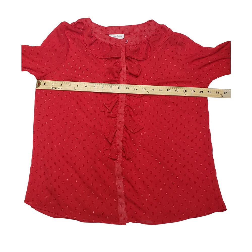 Jaclyn Smith Red Metallic Shimmer Blouse L Ruffle Sheer Victorian Whimsigoth Top - Picture 6 of 9